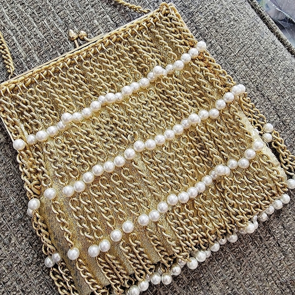 #Bonwit Teller #Vintage Gold Shimmer Pearl Beaded Evening Bag Purse Clutch #RARE - Picture 3 of 7